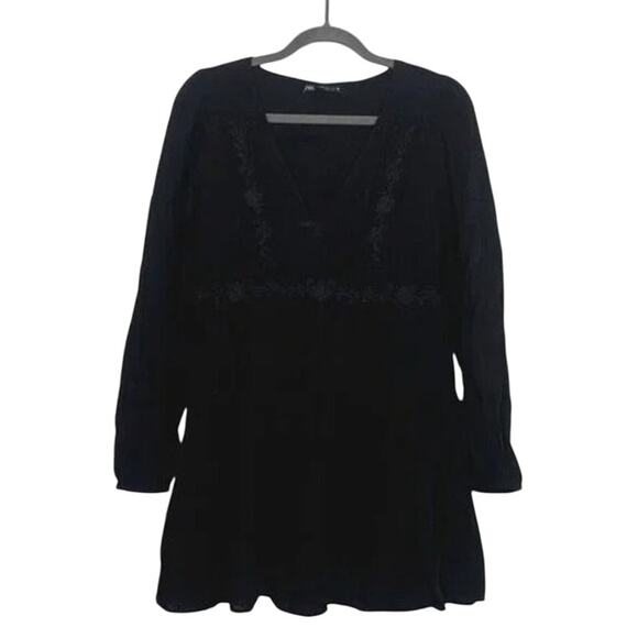 Zara V Neck Embroidered Long Sleeve Baby Doll Mini Dress Lined XS Black #3304 - Picture 10 of 14